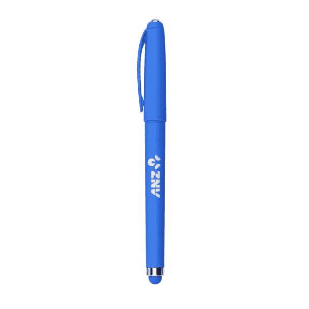 A blue fidget gel pen with a clip and a logo on its body, featuring a stylus tip at one end.