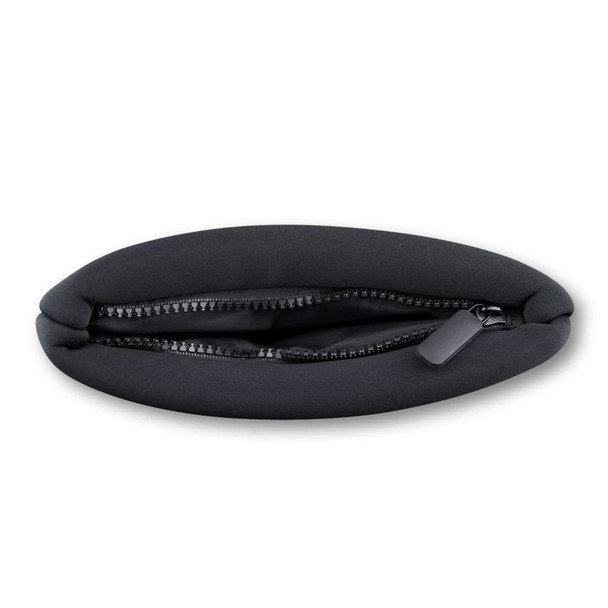 A black neoprene cosmetic bag with a zippered opening, featuring a smooth, rounded design and a subtle logo.