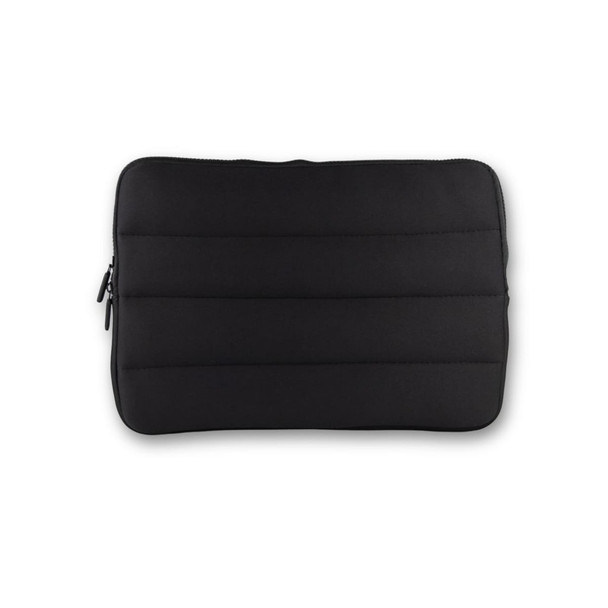 A black neoprene laptop sleeve featuring padded stitching and a zip closure. It includes a logo on the surface.