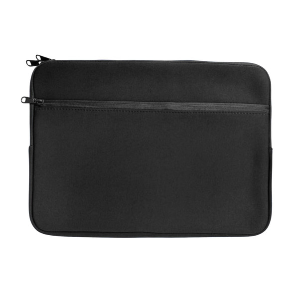 A black neoprene laptop sleeve with a zippered closure and a back pocket for extra storage.