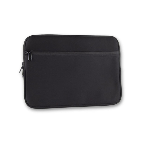 A black neoprene laptop sleeve with a zippered pocket. The sleeve fits a 14-inch laptop and features a logo.