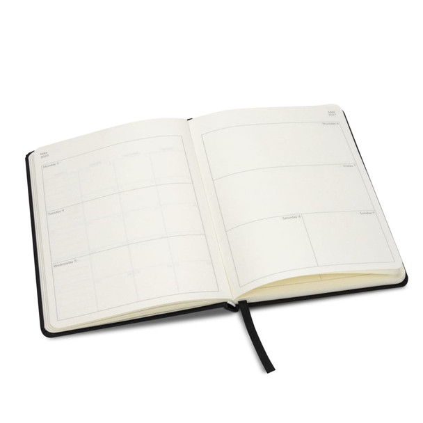 An A5 weekly diary in black, featuring cream pages with blank weekly layouts and a ribbon marker.
