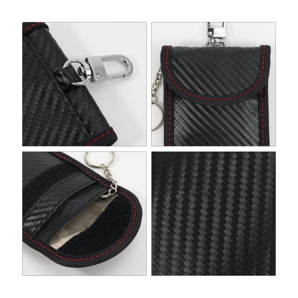 A black carbon fibre Faraday key pouch with red stitching, featuring a clasp and a keyring attachment.