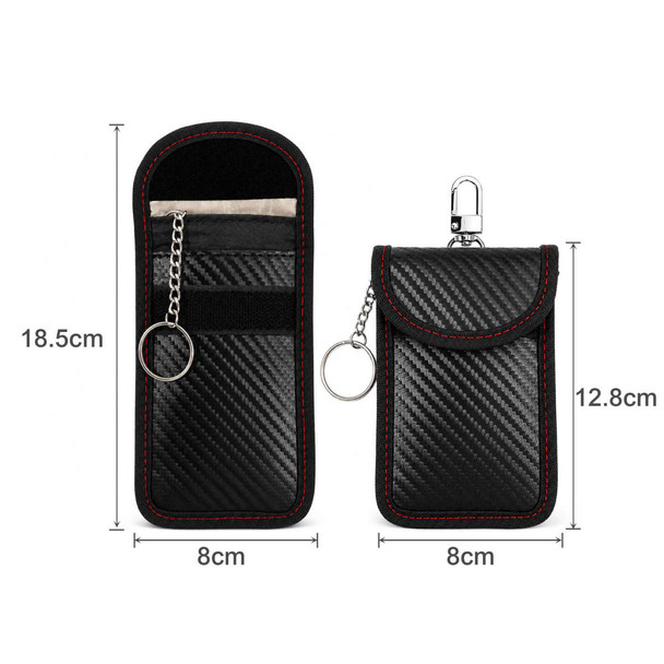 A black carbon fibre Faraday key pouch with red stitching, featuring a keyring and storage compartments.