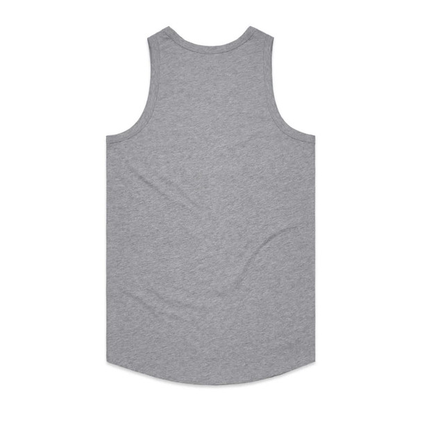 A grey sleeveless singlet with a rounded hem, featuring a plain back and a subtle logo.