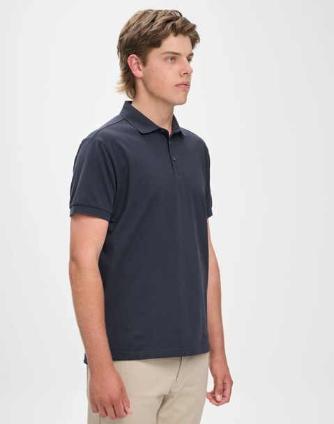 A men's ultrafine cotton pique polo in navy blue, featuring a classic collar and a logo.