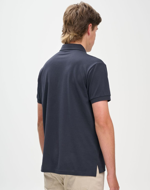 A men's ultrafine cotton pique polo in navy, featuring a back view and a simple design. It has a logo.