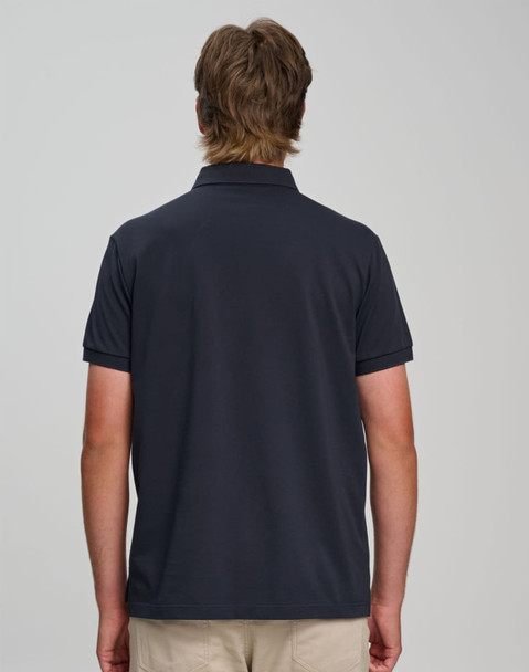 A navy men's polo shirt featuring a classic design and short sleeves, with a logo on the back.