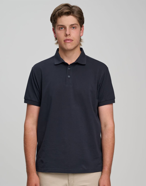 A men's ultrafine cotton pique polo in dark navy, featuring a collar and short sleeves, with a logo on the chest.