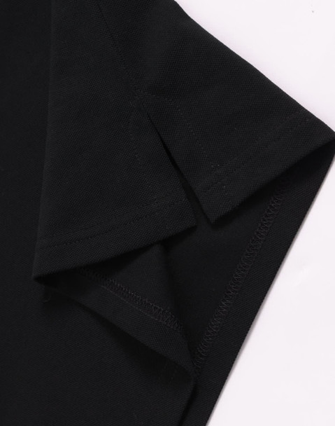 A black men's ultrafine cotton pique polo highlighting the sleeve details and stitching. Features a logo.