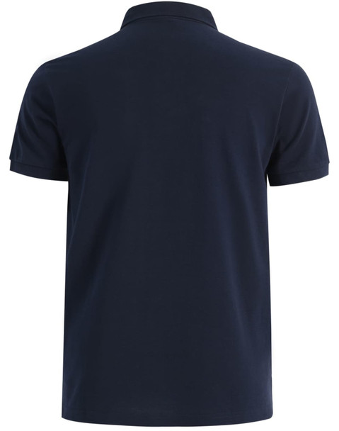 A navy blue men's ultrafine cotton pique polo shirt featuring a classic collar and short sleeves. It has a logo on one side.