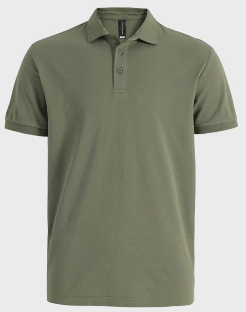 An olive green men's ultrafine cotton pique polo shirt featuring a collar and three buttons, with a logo on the chest.
