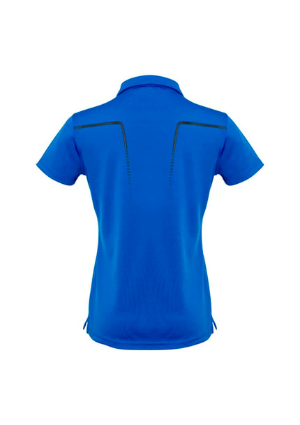 A blue women's short sleeve polo shirt featuring a back design with black detailing and a logo.