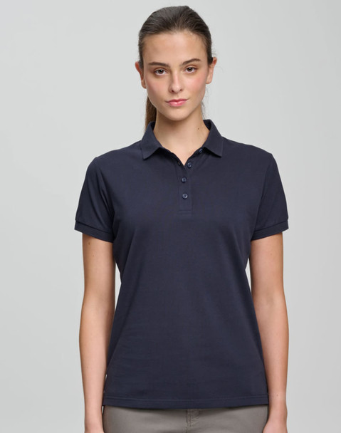 A navy blue ladies' polo shirt made from ultrafine cotton pique with a collar and button placket. It features a logo.