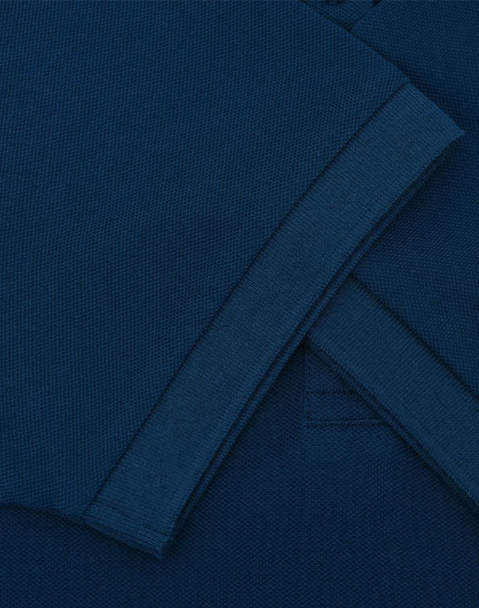 A navy ultrafine cotton pique polo with folded sleeves, featuring a logo.
