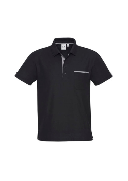 A black short sleeve polo shirt featuring a front pocket and branding on the chest.