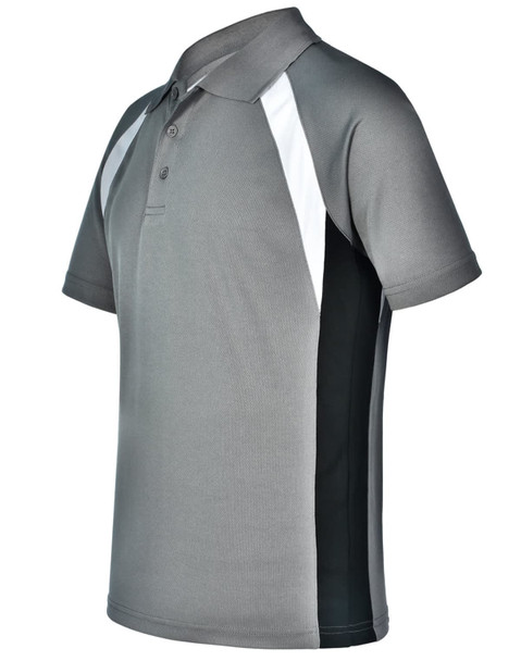 A grey and black men's tri-sport polo shirt featuring contrasting white panels and a logo.