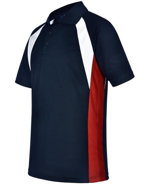 Men's tri-sport polo in navy with white and red accents, featuring a collar and a logo.