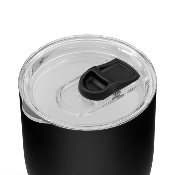 A black coffee cup with a clear lid and a slider opening for easy sipping.