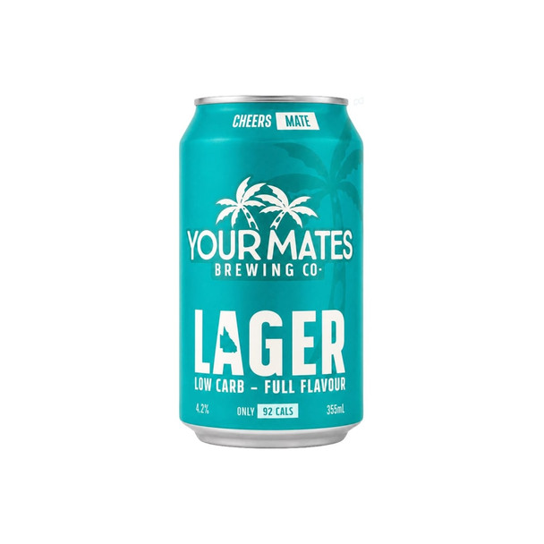 A drink can featuring a turquoise design, labelled as Lager, with a low carb and full flavour description.