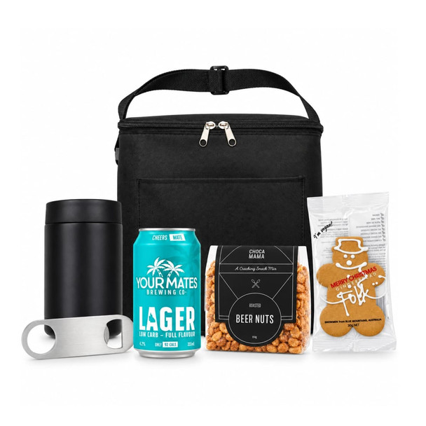 A black cooler bag with a can of lager, beer nuts, a drink bottle, and gingerbread men.