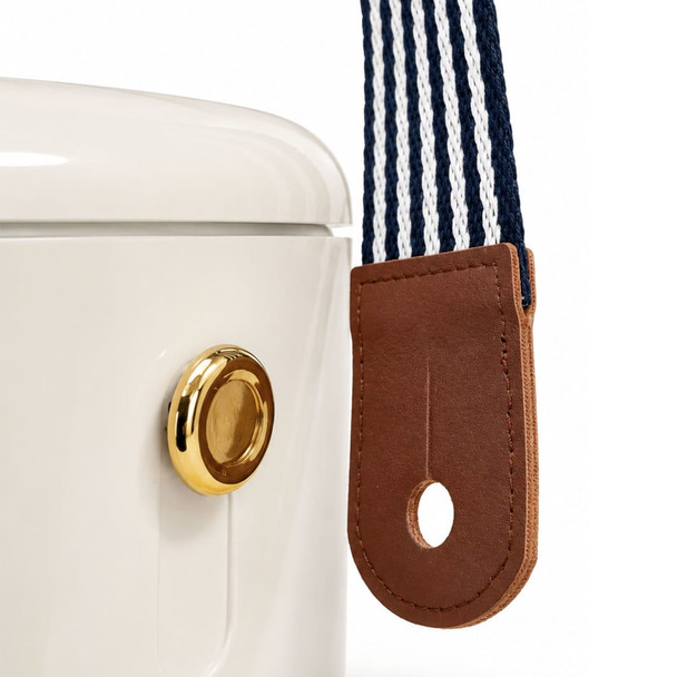 A white Pavilion Cooler with a gold knob and a blue and white striped strap, featuring a brown leather tag.