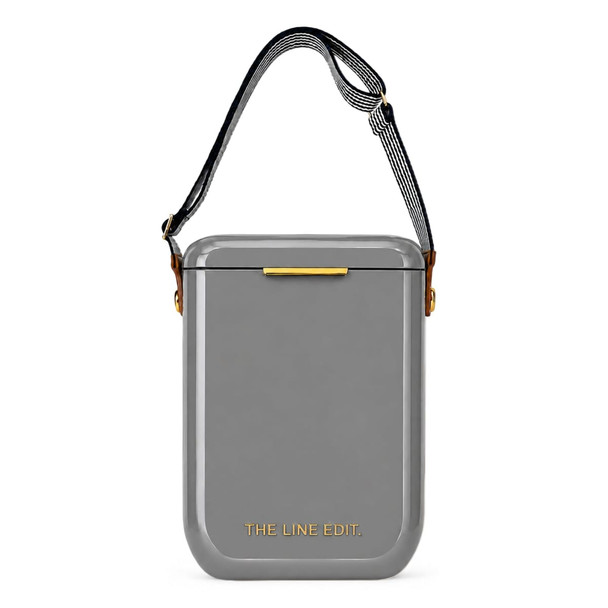 A grey cooler with a shoulder strap and a logo on the front, featuring a sleek, modern design.