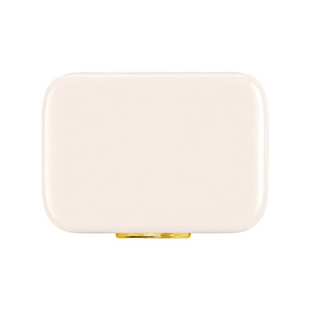 A rectangular cooler in a sleek cream colour with a gold clasp and a logo.