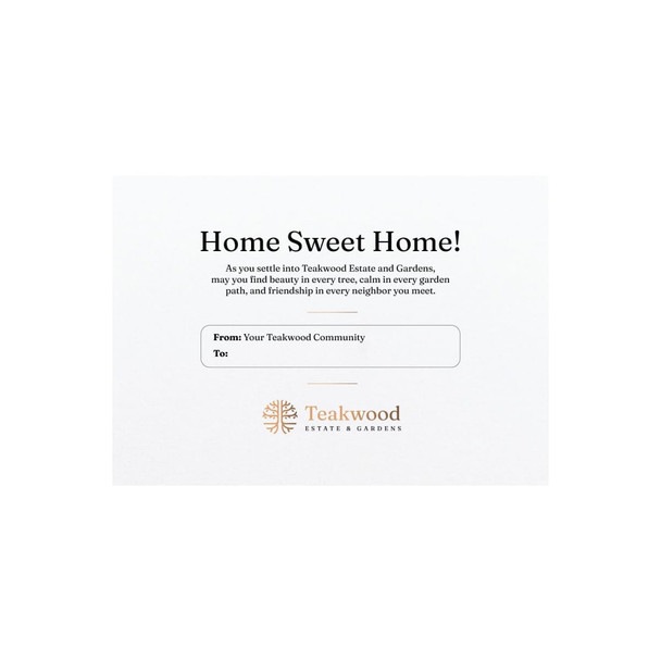 A decorative card featuring a welcoming message and a logo, with a clean design and subtle colours.
