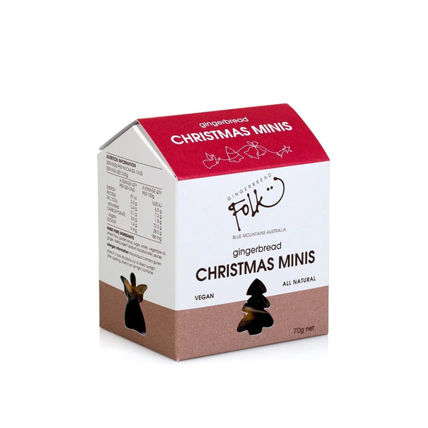 A gingerbread gift box, predominantly red and brown, features the words "Christmas Minis" and a decorative cut-out tree.