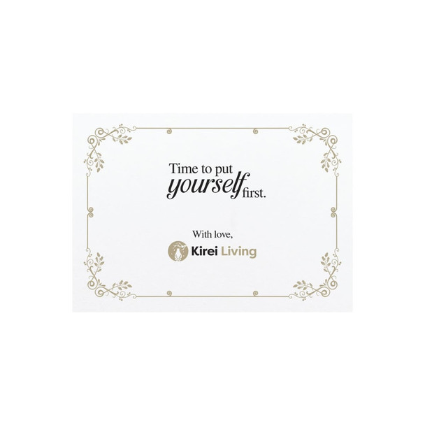 A decorative card featuring a quote about self-care, with elegant flourishes and a brand logo at the bottom.