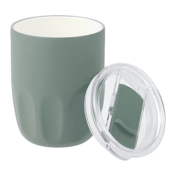 A drink bottle featuring a matte green exterior and a ceramic liner, with a clear lid. It has a logo.