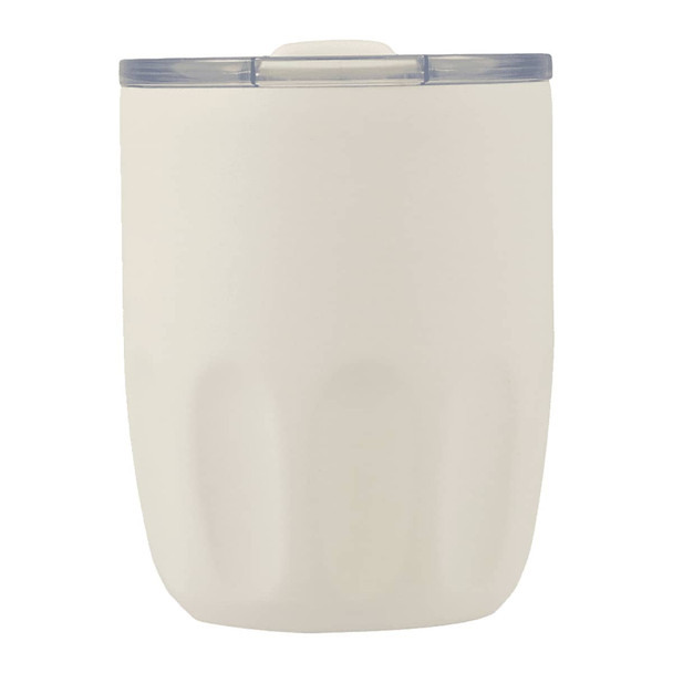 A drink bottle in a cream colour with a transparent lid and a branding logo on the side.