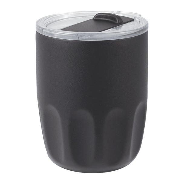A drink bottle in matte black with a transparent lid and a textured design. It includes a logo.