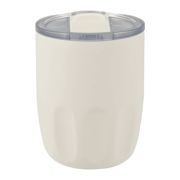 A drink bottle with a white exterior and clear lid, featuring a logo, designed for hot or cold beverages.