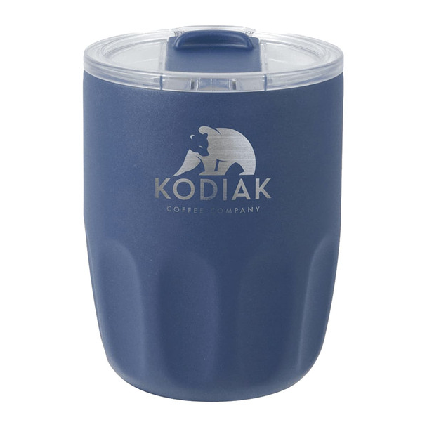 A drink bottle in navy blue with a clear lid and an embossed logo on the front.