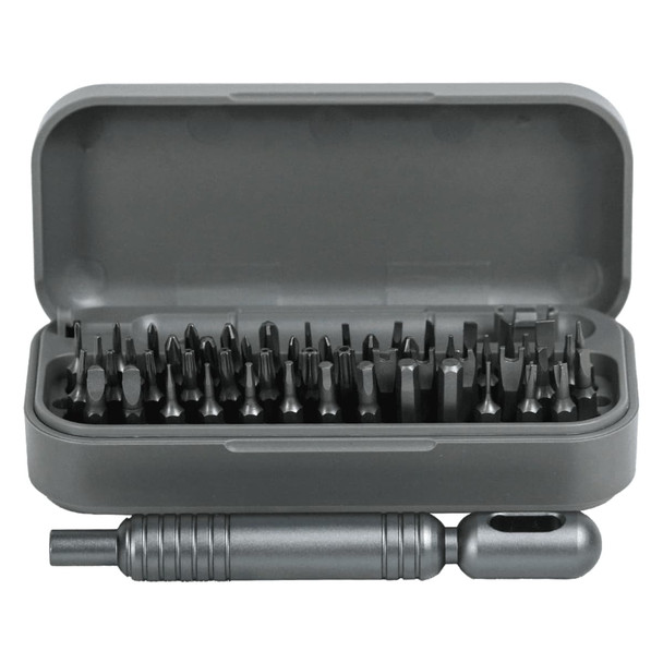 A grey 55 in 1 pocket screwdriver tool set with various screwdriver bits inside a matching case.