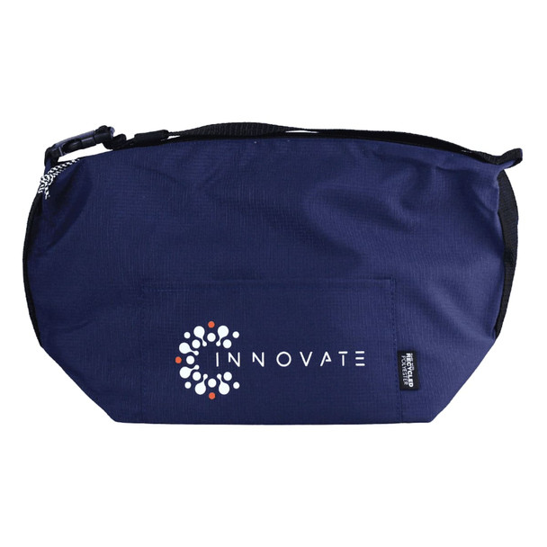 A navy cooler bag with a logo, featuring a zip closure and a shoulder strap for easy carrying.