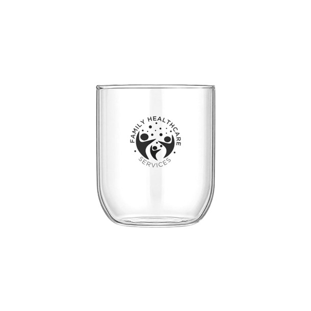 A clear drink cup featuring a logo, with a transparent design suitable for various beverages.