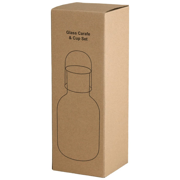 A cardboard box containing a glass carafe and cup set. The design is in a minimalist style with a simple outline.
