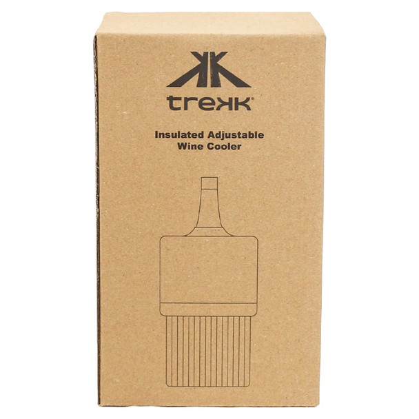 A rectangular cardboard box containing the Trekk Insulated Adjustable Wine Cooler with a logo on the front.