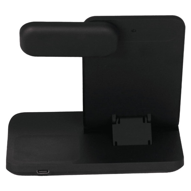 A black 3-in-1 wireless charger stand with a vertical holder for devices and a base for charging.