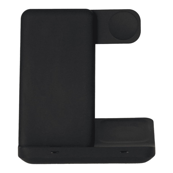 A black 3 in 1 wireless charger with a sleek design and multiple charging surfaces. It features a logo on the side.