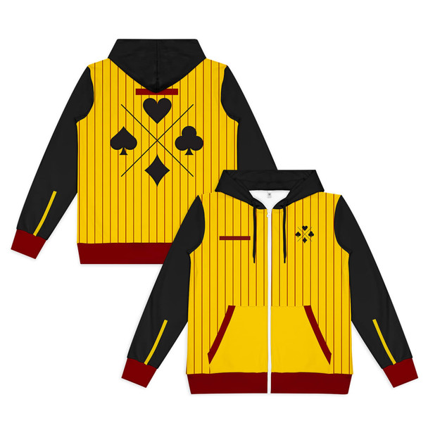 A zipped hoodie featuring a yellow body with black sleeves and game-themed graphics, plus a logo on the front.