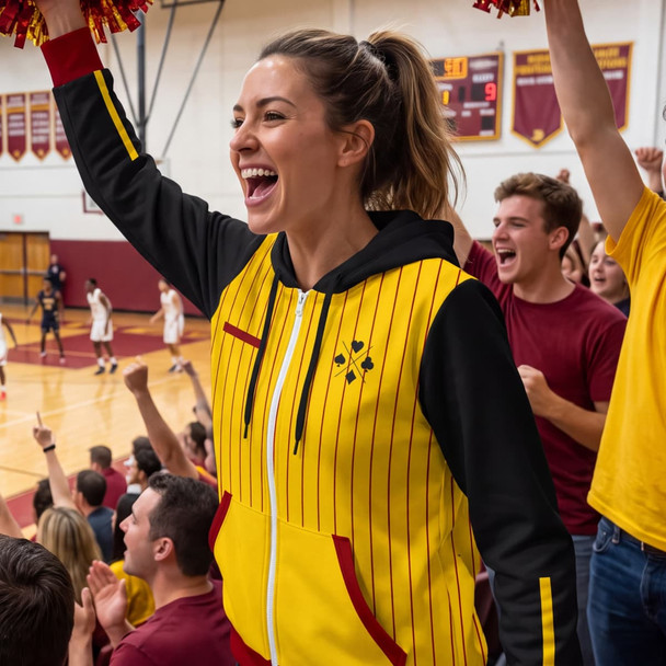 A custom women's zipped hoodie featuring yellow and black stripes, with a logo, worn by a cheering supporter in a sports setting.