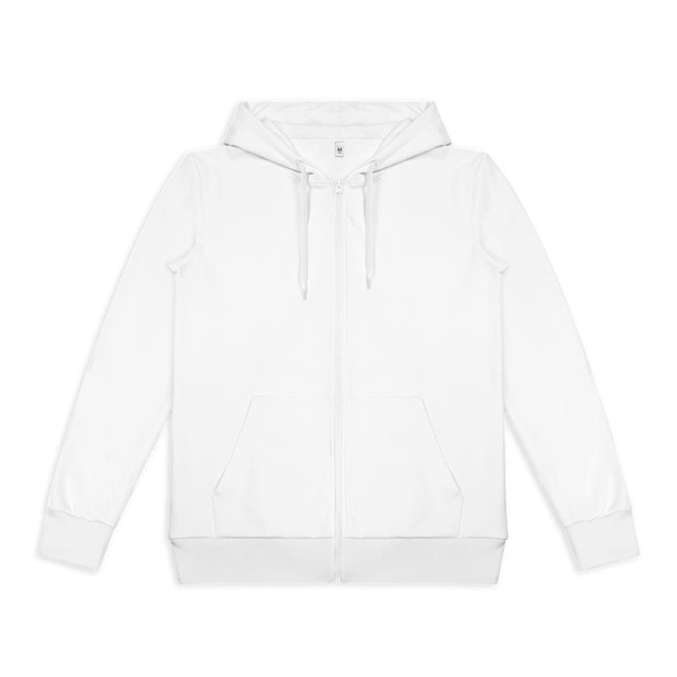 A white zipped hoodie with a hood, featuring front pockets and a logo on the label.