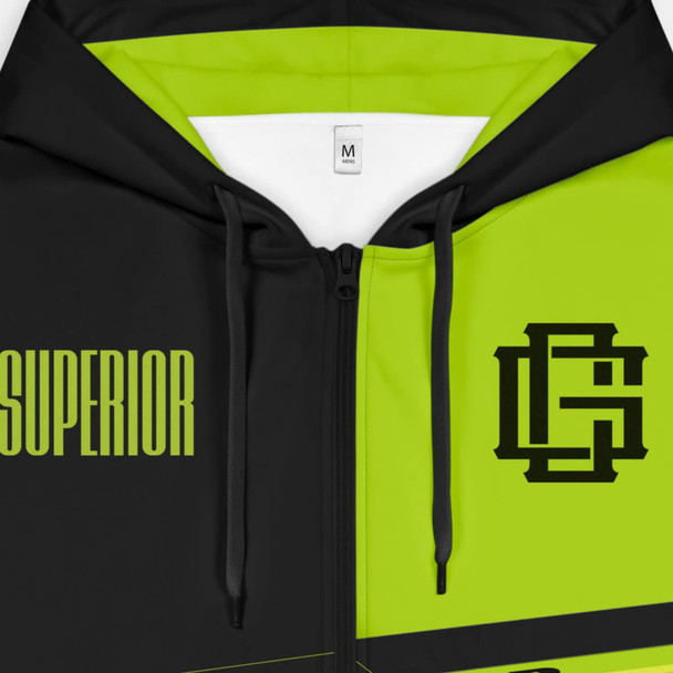 A custom men's active zipped hoodie in black and bright lime green, featuring a logo on the front and a zip closure.