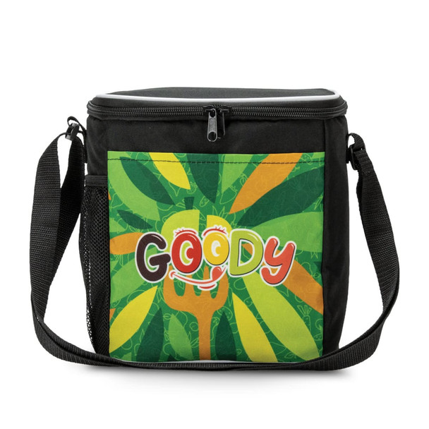 A black lunch cooler bag with vibrant green and orange graphics, featuring a logo on the front and a shoulder strap.
