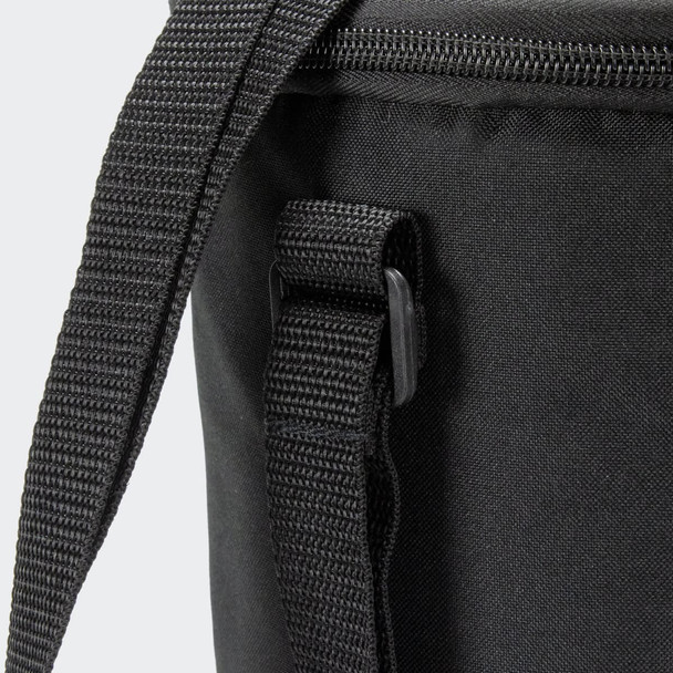 A black lunch cooler bag with a zip closure and adjustable strap detail. It features a logo on the side.