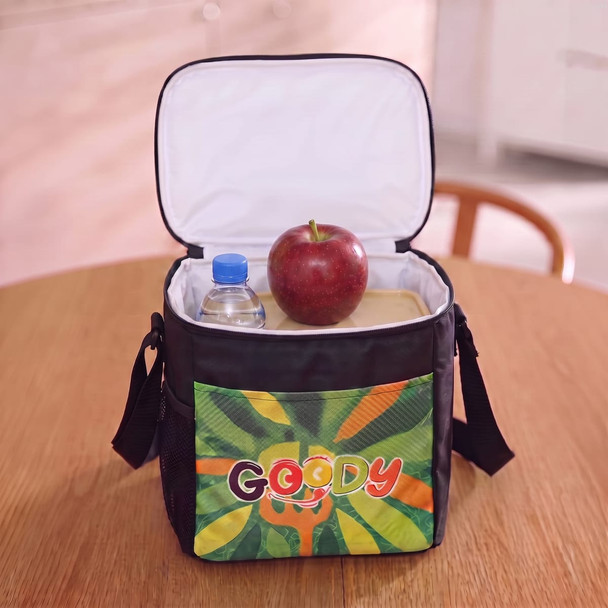 A lunch cooler bag in black with a colourful interior, containing a drink bottle, apple, and lunch box.